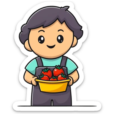 Child gardener with ribbon and prize tomatoes sticker
