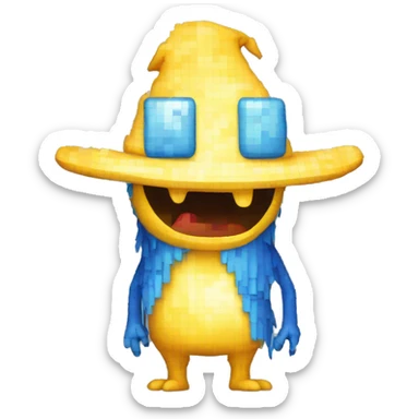 pixelated monster with white body, yellow tail, wearing blue skywitch hat. the face facing the front (through the 4th wall) sticker