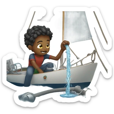 boy pouring water from a hose onto a sailboat  sticker