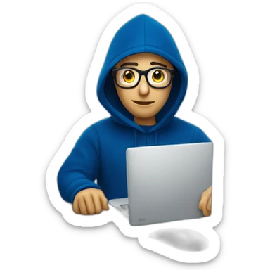 Adult with glasses with a dark blue hood behind his computer and focus on his code  sticker