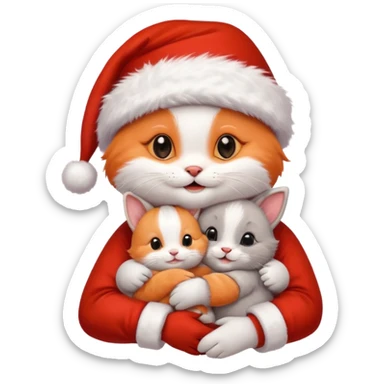 Happy Cute Kitten wearing a Santa hat hugging a cute bunny in a Santa hat as friends sticker