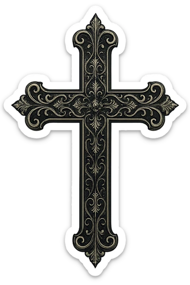 gothic ornate cross, black and silver, intricate and elegant sticker