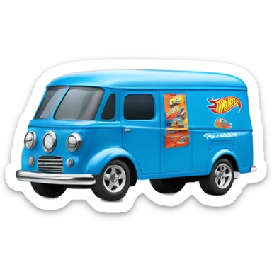 Side-on shot, Hot wheels, Hot rod, large panel van truck,1970 with exposed chrome exhaust pipes, blue, large wheels in back, large logo on the side Stinky’s Diaper Cleaner, sticker
