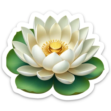 Pure white lotus flower with delicate pristine petals and golden center, accompanied by botanically accurate lotus leaf with distinctive notch and upturned edges sticker