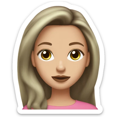 Brunette girl with light brown silk blowout hair, white light skin and light green eyes, her lips are a dark pink color and she as mascara, and gold earrings  sticker