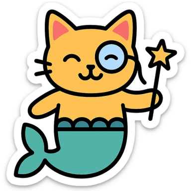 half cat half mermaid with a monocle and a magic wand icon sticker