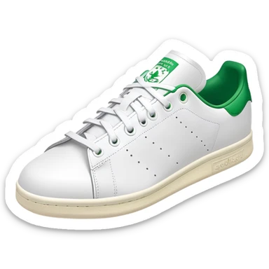 Adidas Stan Smith in white and green colorway, simple clean tennis shoe, white leather with green details, angled view, isolated sticker