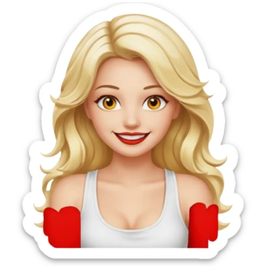 a woman with white tank top and smile, her hair is long wavy blonde hair, her face is baddie girl style, her eyes color are yellow and the color of her lip is soft red sticker