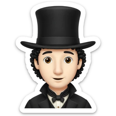 A man with a big nose and a black hat like a top hat but round and all black, with a strand of curly hair coming out from both sides of the hat, the strand of hair should be long and just 1 hair  sticker
