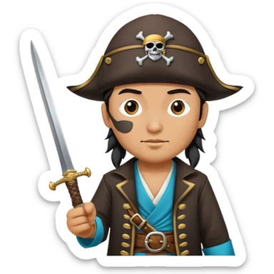 Kazakh pirate wearing traditional Kazakh hat and clothes with an eye patch and a pirate sword sticker