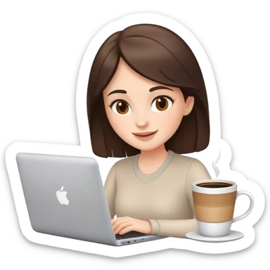 white brunette girl with laptop and coffee cheerful expression sticker