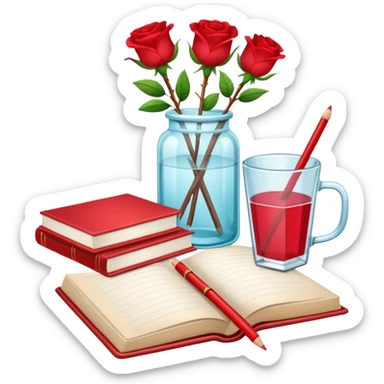 crear pizarra con libros a un lado, cuadernos, lapices, creyones, un vaso de cristal con rosas rojas, estilo vector sticker