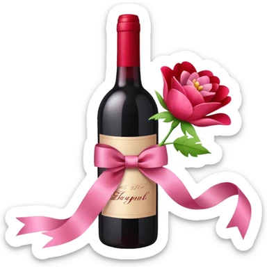 a ribbon decoration and flower decoration on a wine bottle sticker
