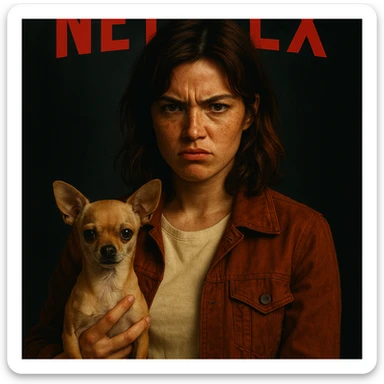 Netflix poster style portrait: woman with tanned skin, freckles, pale #FFF8CA shirt, rust jacket, medium-length brown hair with auburn highlights, rebellious expression, beige-brown chihuahua, dark background. sticker
