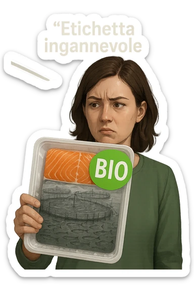 Scena in un supermercato moderno: uomo o donna tiene in mano una confezione di salmone etichettata 'BIO', con un grande bollino verde. Ma in trasparenza, dietro l’etichetta, si intravede un allevamento intensivo di salmoni in gabbie marine, acqua torbida e pesci ammassati. Espressione del cliente confusa e sospettosa. Sopra la testa, testo simbolico fluttuante: 'Etichetta ingannevole'. Colori contrastanti: confezione brillante ma realtà di fondo grigia e artificiale. Stile realistico con elementi simbolici forti realistico sticker