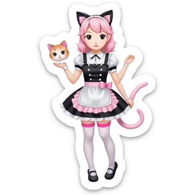 Black white and pink maid dress and thigh high leggings and cat ears loose clothes sticker