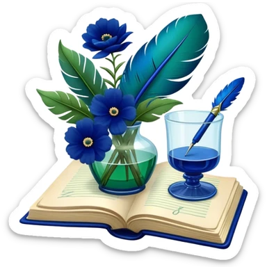 An artistic composition of an old green book with deep blue flowers in a glass vase, a quill pen resting nearby. sticker