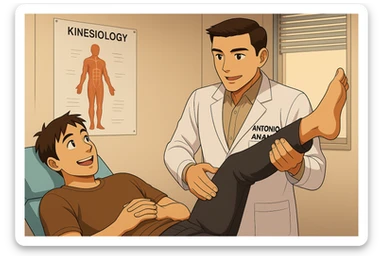 su questo lettino rappresenta un webtoon manga a colori con questo stile, in cui un uomo è steso sul lettino medico e il kinesiologo con il camice bianco (fagli anche la scritta "ANTONIO ANANIA" SUL CAMICE, gli solleva una gamba per fargli il test neuromuscolare, IL KINESIOLOGO SPIEGA ALL'UOMO UNA cosa mentre gli alza la gamba. l'espressione dell'uomo è felice e soddisfatta, non fare i fumetti però, fai solo in modo che sembri stiano parlando sticker