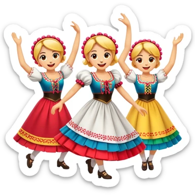 Cinematic Realistic Mazurka Dance Emoji, depicted as a lively traditional Polish folk dance scene with colorful costumes and spirited movement, rendered with dynamic textures and vibrant festive lighting that captures its rhythmic energy. sticker