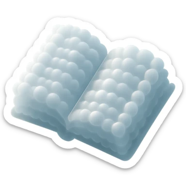 top view of a thick open book made entirely of small, very bright white fluffy convex clouds, matte glass style sticker