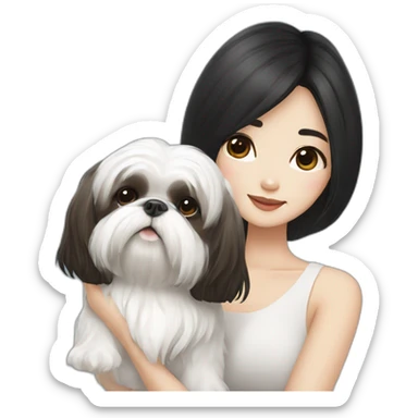 long black hair korean girl with white and brown shih tzu sticker