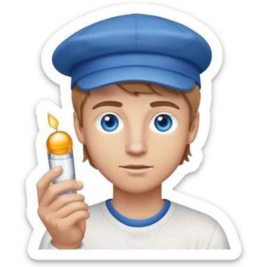 white guy with light brown hair blue eyes with backwards cap on holding a shot sticker