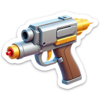 Clash of Clans aesthetic: Cinematic Playful 3D Isometric Laser Gun Emoji, rendered in a 3D vector-style similar to standard emojis with minimal shading and bold, simplified shapes. A compact, distinct form with signature details, softly glowing with a futuristic sci-fi warfare charm. Simplified yet unmistakably iconic, highly detailed and consistent, glowing with a soft radiance and high shine. Stylized with a touch of high-tech brilliance and a soft glowing outline, capturing the essence of a beloved gaming relic with a friendly, playful manner! sticker