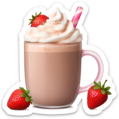 hot chocolate with fresh strawberries and a light pink glass  sticker
