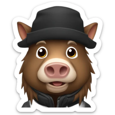 fullface wild tired brown boar with stubble in a black jacket and a black winter hat sticker