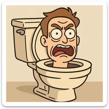 a man's head peeking out of a toilet bowl, exaggerated expression, cartoon style sticker