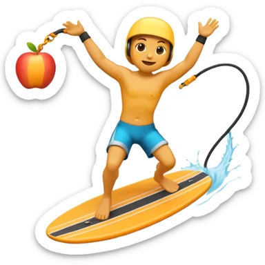 "Apple 3D emoji-style character wakeboarding mid-jump, with arms extended holding an orange rope, legs slightly bent on a yellow board. Stylized water splash behind. Emoji face, rounded body, bright and clean Apple shading. sticker