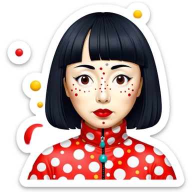 Yayoi Kusama – Cinematic Realistic Portrait of Yayoi Kusama, depicted as an avant-garde artist with an eccentric, captivating expression surrounded by her iconic polka dot patterns, rendered with vivid textures and imaginative lighting that evokes her unique, surreal creative world. sticker