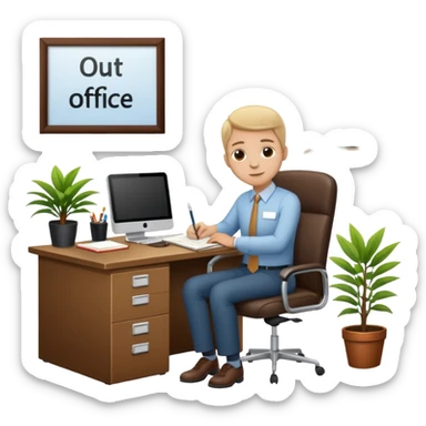 imagen de oficina con escritorio, silla, notebook, agenda y una plata con un cartel que diga FUERA DE OFICINA sticker