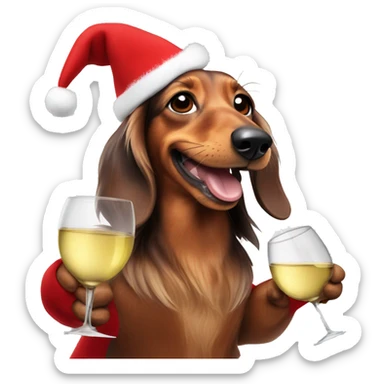Long haired dachshund with Santas costume and cheering with a Glass of white wine sticker