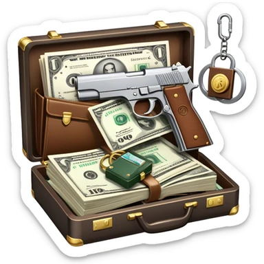Icon for Action & Crime Reading: an open book, action-packed scenes, featuring a gun, handcuffs, a detective's badge and a briefcase with money. The icon should capture the tension and excitement of crime and action stories. Transparent background. sticker