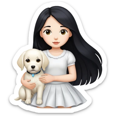 A girl with long black hair, a beautiful white skirt and fair skin is holding a white Labrador sticker