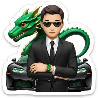 mysterious scenery: green audemars piguet watch (without text), black bugatti, and a dark green dragon, and a mysterious agent from The Matrix with his eyes censored sticker