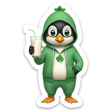 full body friendly anthropomorphised penguin wearing green mafia-style tracksuit, angry intense brooding posture, holding glass of milk, shamrock accessory sticker