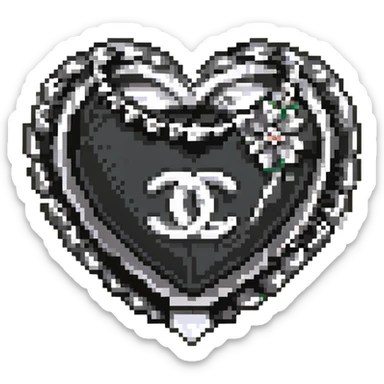 glossy black heart with a string of pearls around it, featuring a silver Chanel logo in the center, elegant, black and white color scheme, pixel art style sticker