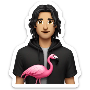 white man with black long hair, with a black zip up hoodie, holding a flamingo sticker