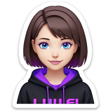 brown haired girl with a bob blue eyes wearing black hoody with violet letters "Lu", smile. Cyberpunk style. Violet neon. sticker