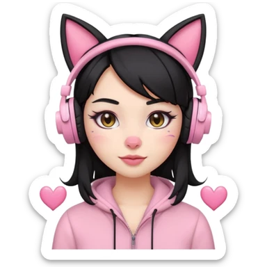 “Emoji girl, pastel pink streaks in black hair hair, bold winged eyeliner, heavy blush on cheeks and nose bridge, under-eye hearts, glossy pink lips, playful smirk and gaming headphones and cat ears.” sticker