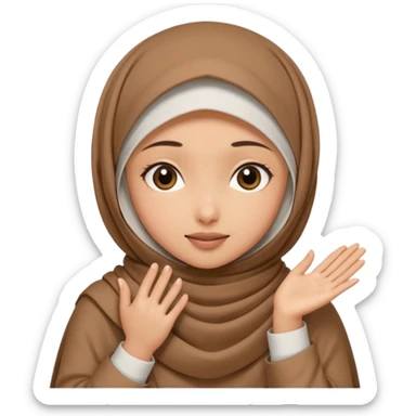 Hijabi girl sitting.     head covered
hands pulling the fabric in
shy-but-dramatic energy
“no cameras pls” but in a cute way
soft + mysterious vibe sticker