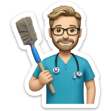 male dark blond haired doctor with grey van dyke beard with hazel eyes and small wire-rimmed glasses in blue scrubs holding a large paintbrush and jigsaw sticker