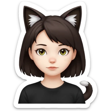 a girl with pale skin, short dark brown hair with lots of dandruff , cat ears and a tail, with a black t-shirt on sticker