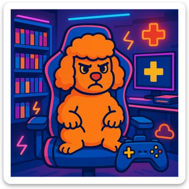 Add a dynamic gaming setup background with shelves of games, neon lights, and a big screen. Keep the vibrant colors and focused mood in vibrant toon style. sticker