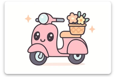 A Vespa scooter icon in a cartoonish style, with a bright pink body, large expressive eyes on the front, and a small flower basket attached to the handlebars. sticker