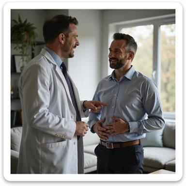 realistic 4K man consulting a nutritionist, pointing at his belly with a hopeful expression, professional environment sticker