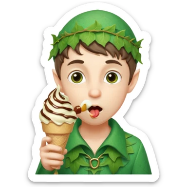 
A young elf boy in leafy clothes licking a triple-scoop ice cream with wide eyes.


A playful forest elf sitting on a log, balancing a huge ice cream tower in one hand.




 sticker