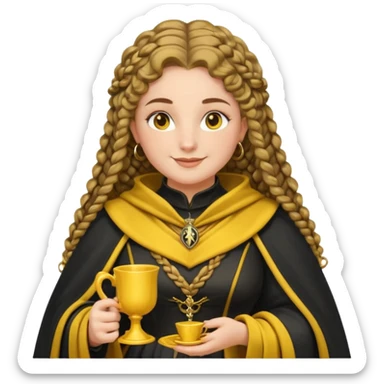 Helga Hufflepuff, 2 curly thick brown braids, yellow-black medieval dress, black cloak decorated with gold braiding, tiny two-handled shiny yellow-gold cup, very kind smile, curvy busty sweet woman, thick rosy cheeks sticker